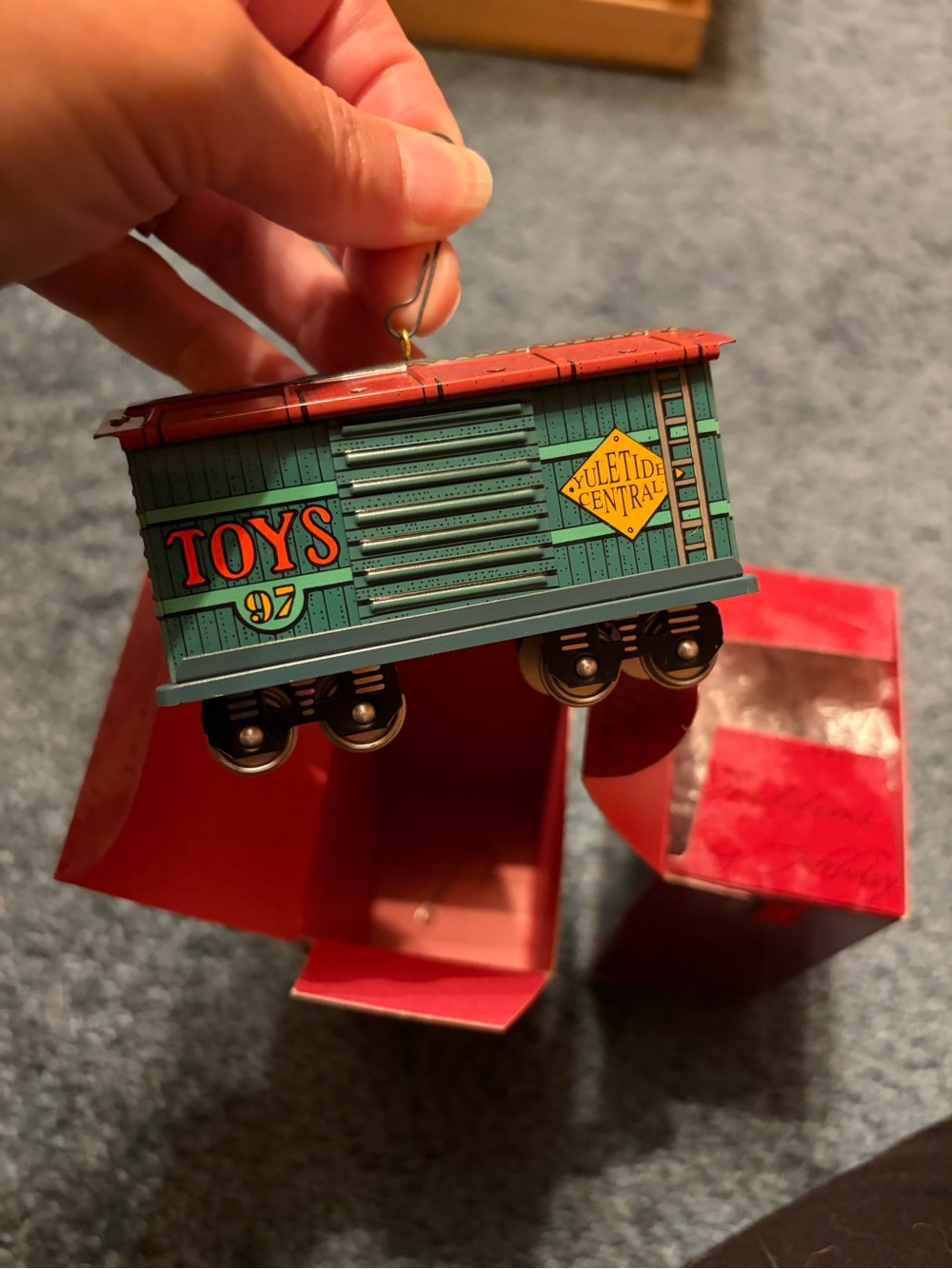 Hallmark Yuletide Central Green & Red Toy Train Car Ornament